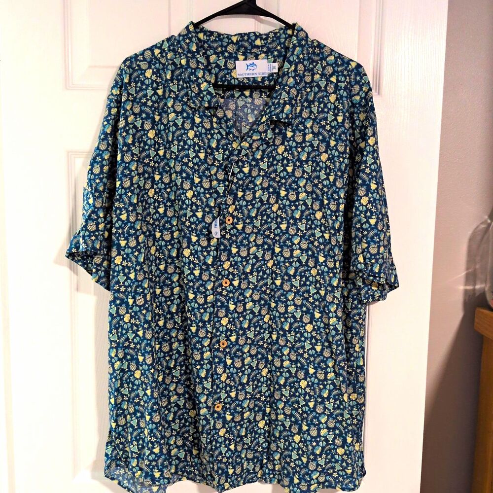 Southern Tide Bad and Boozy Camp Shirt Linen Blend Tropical Blue 2XL